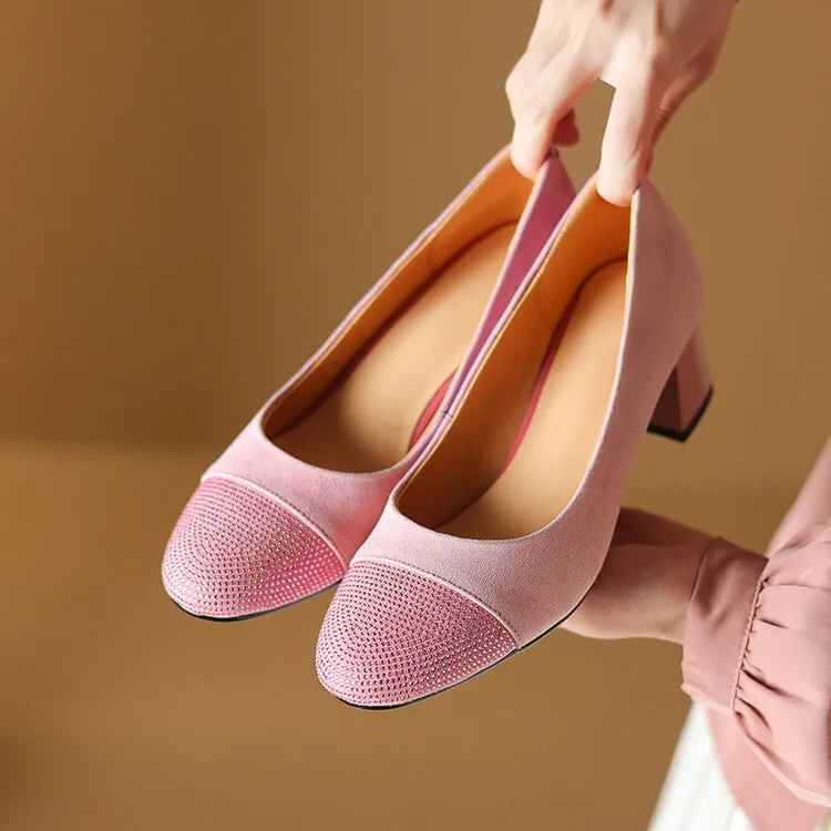 Ladies Round Toe Suede Block Heel Pumps