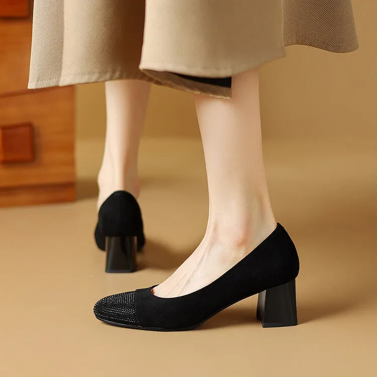 Ladies Round Toe Suede Block Heel Pumps