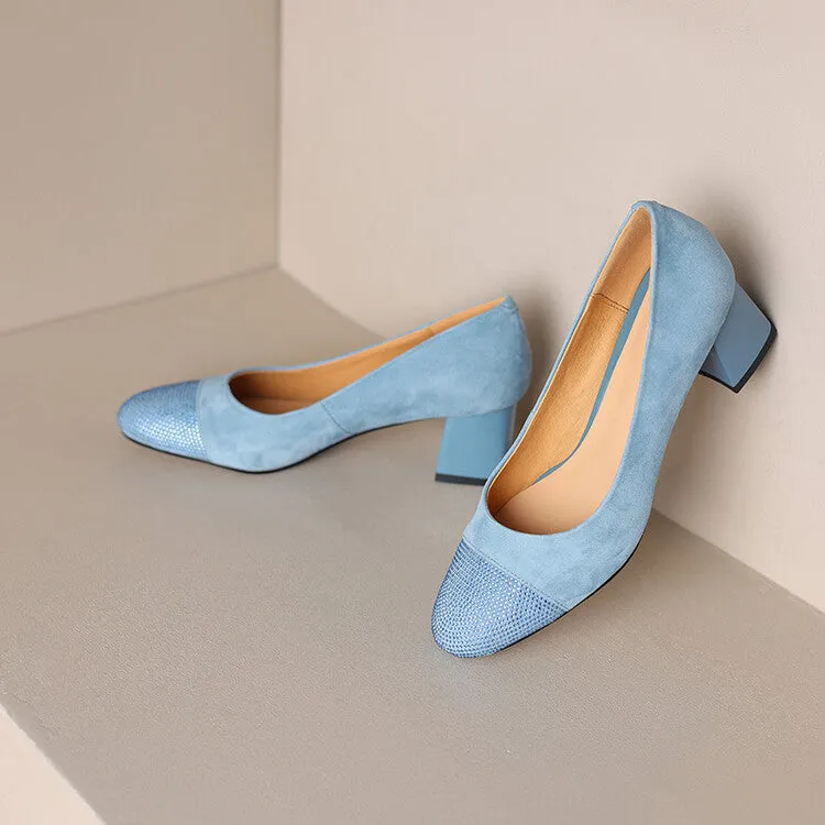 Ladies Round Toe Suede Block Heel Pumps