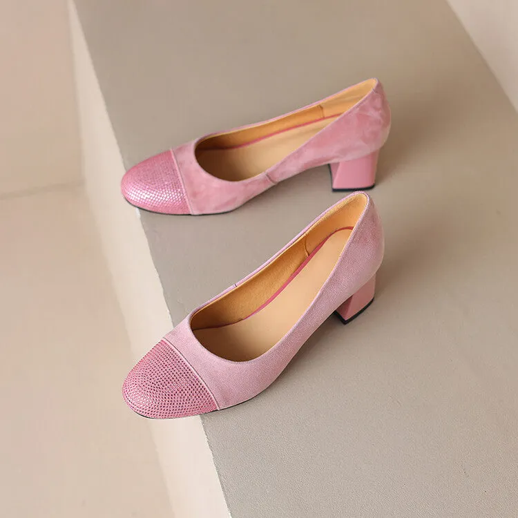 Ladies Round Toe Suede Block Heel Pumps