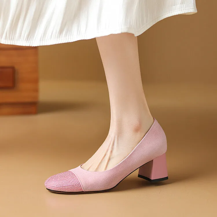 Ladies Round Toe Suede Block Heel Pumps