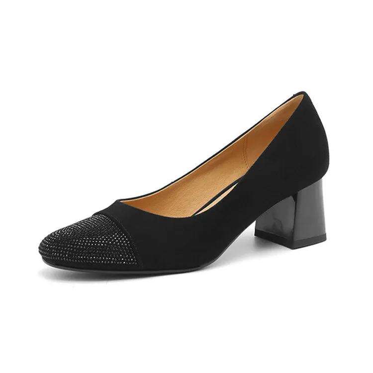 Ladies Round Toe Suede Block Heel Pumps
