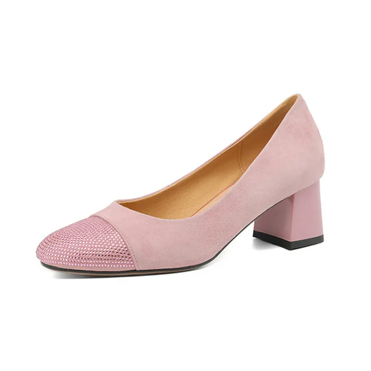 Ladies Round Toe Suede Block Heel Pumps