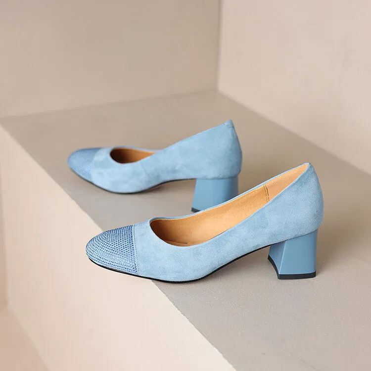 Ladies Round Toe Suede Block Heel Pumps