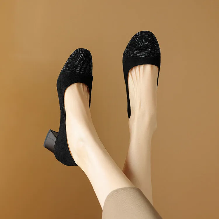 Ladies Round Toe Suede Block Heel Pumps