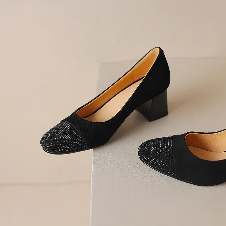 Ladies Round Toe Suede Block Heel Pumps