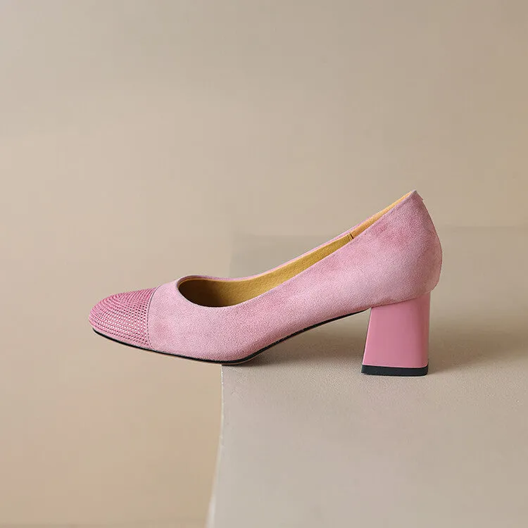 Ladies Round Toe Suede Block Heel Pumps