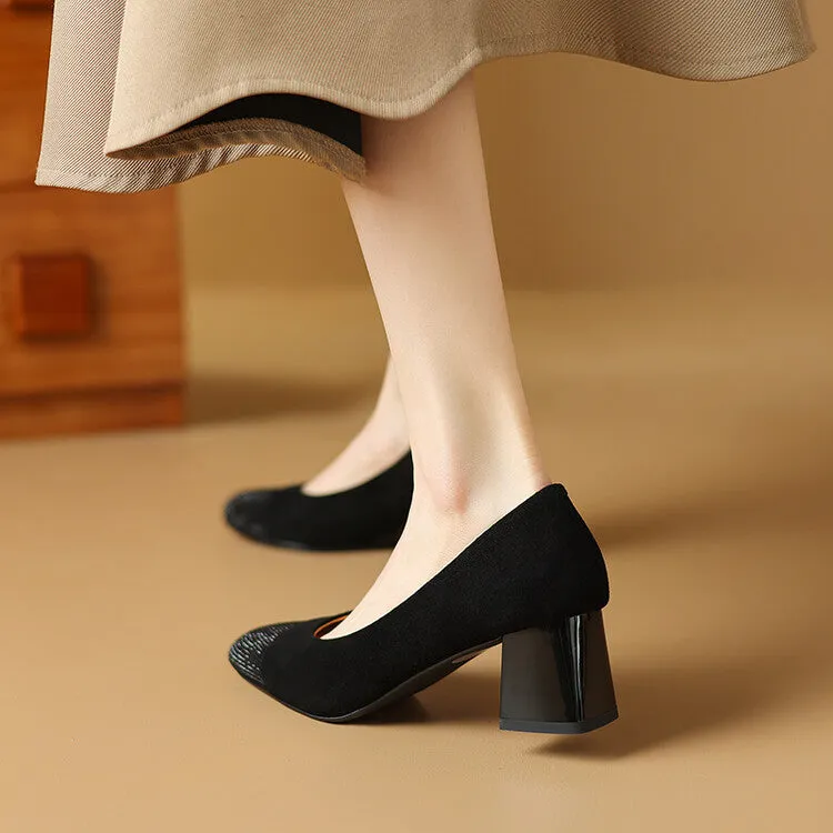 Ladies Round Toe Suede Block Heel Pumps