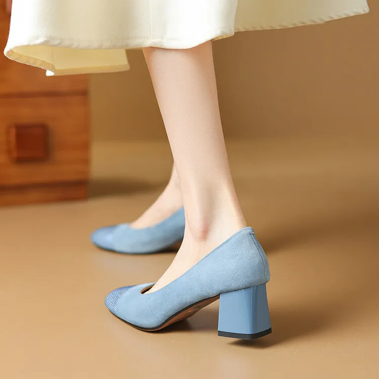 Ladies Round Toe Suede Block Heel Pumps