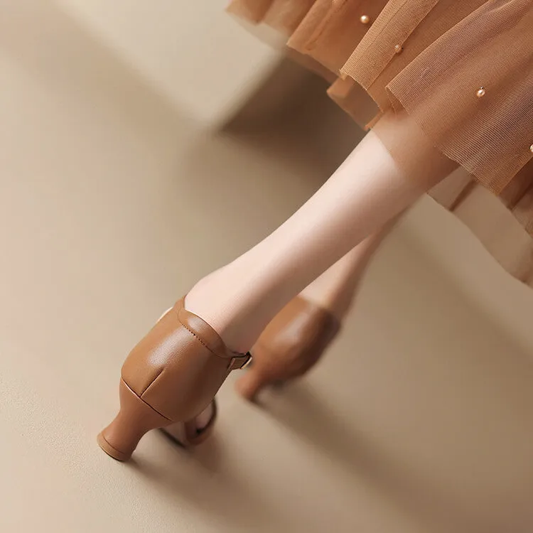 Ladies Round Toe T-Strap Leather Low Heel Pumps