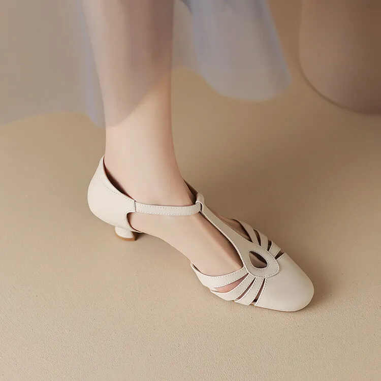 Ladies Round Toe T-Strap Leather Low Heel Pumps