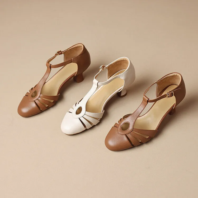 Ladies Round Toe T-Strap Leather Low Heel Pumps