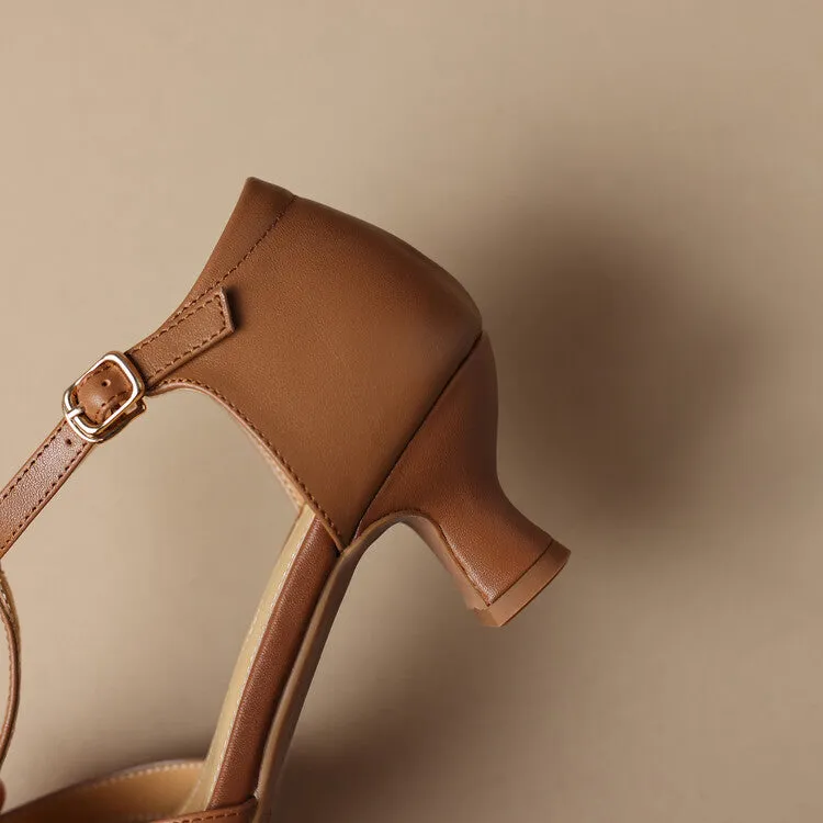 Ladies Round Toe T-Strap Leather Low Heel Pumps