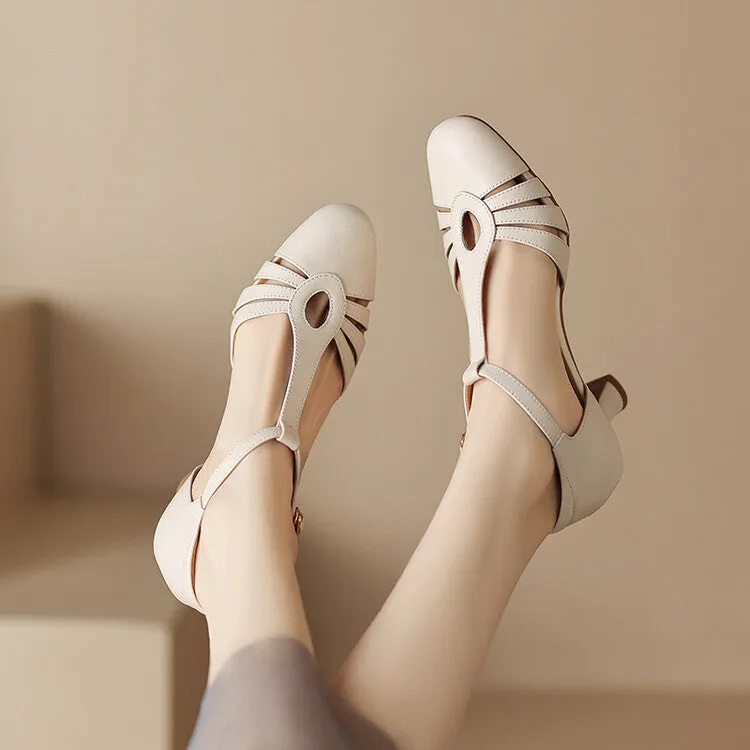 Ladies Round Toe T-Strap Leather Low Heel Pumps