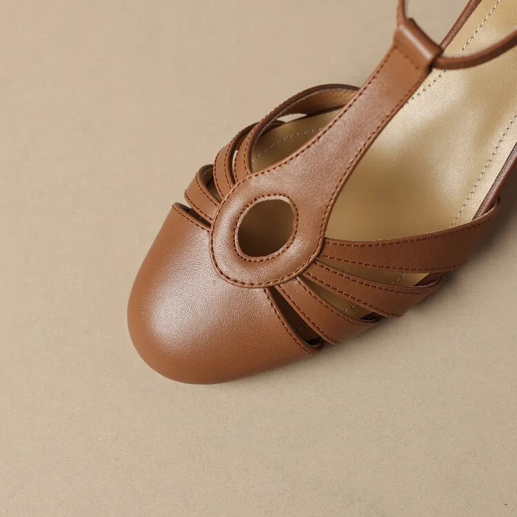 Ladies Round Toe T-Strap Leather Low Heel Pumps