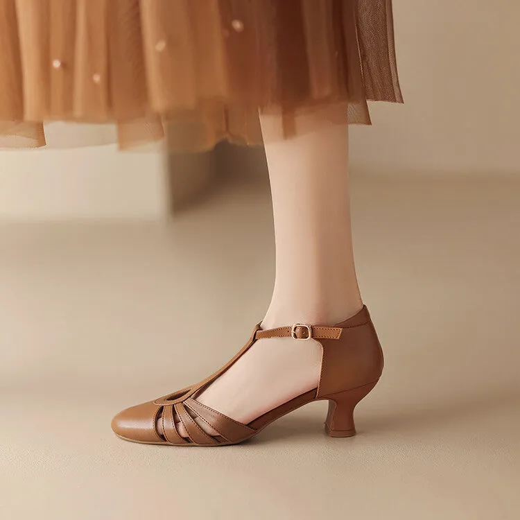 Ladies Round Toe T-Strap Leather Low Heel Pumps