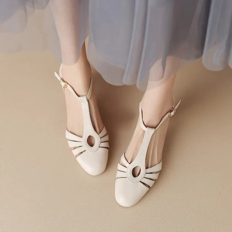 Ladies Round Toe T-Strap Leather Low Heel Pumps