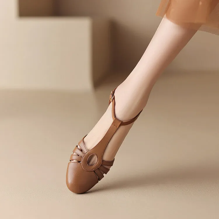 Ladies Round Toe T-Strap Leather Low Heel Pumps