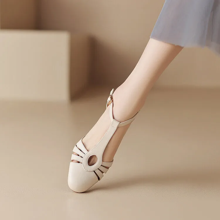 Ladies Round Toe T-Strap Leather Low Heel Pumps