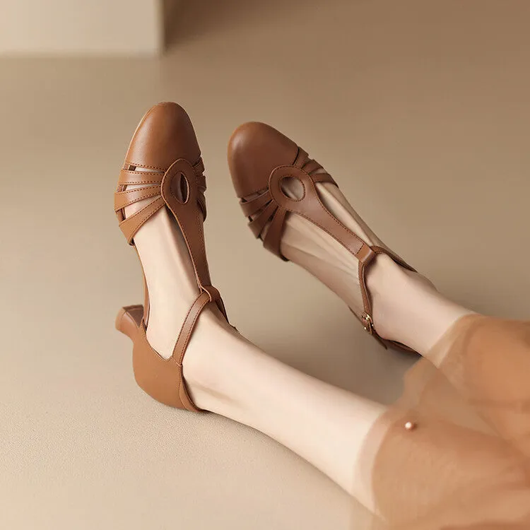 Ladies Round Toe T-Strap Leather Low Heel Pumps