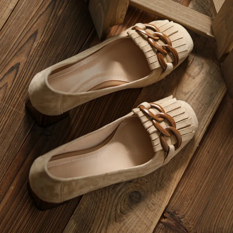 Ladies Round Toe Tassel Detail Block Low Heel Loafers