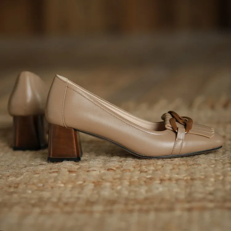 Ladies Round Toe Tassel Detail Block Low Heel Loafers
