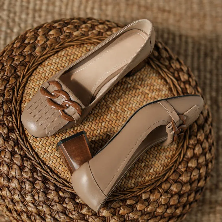 Ladies Round Toe Tassel Detail Block Low Heel Loafers