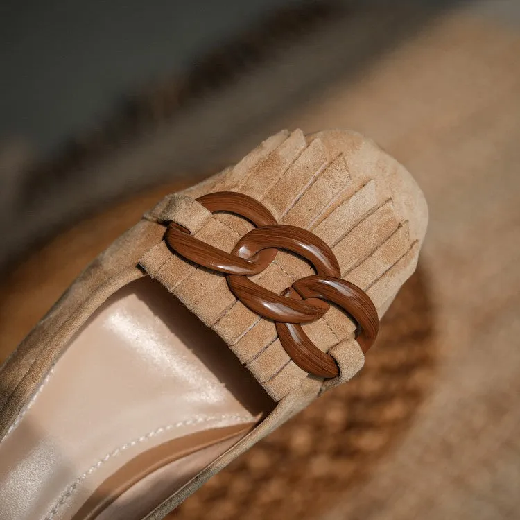 Ladies Round Toe Tassel Detail Block Low Heel Loafers