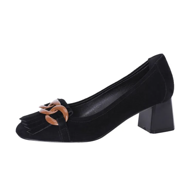 Ladies Round Toe Tassel Detail Block Low Heel Loafers