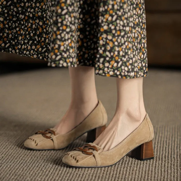 Ladies Round Toe Tassel Detail Block Low Heel Loafers
