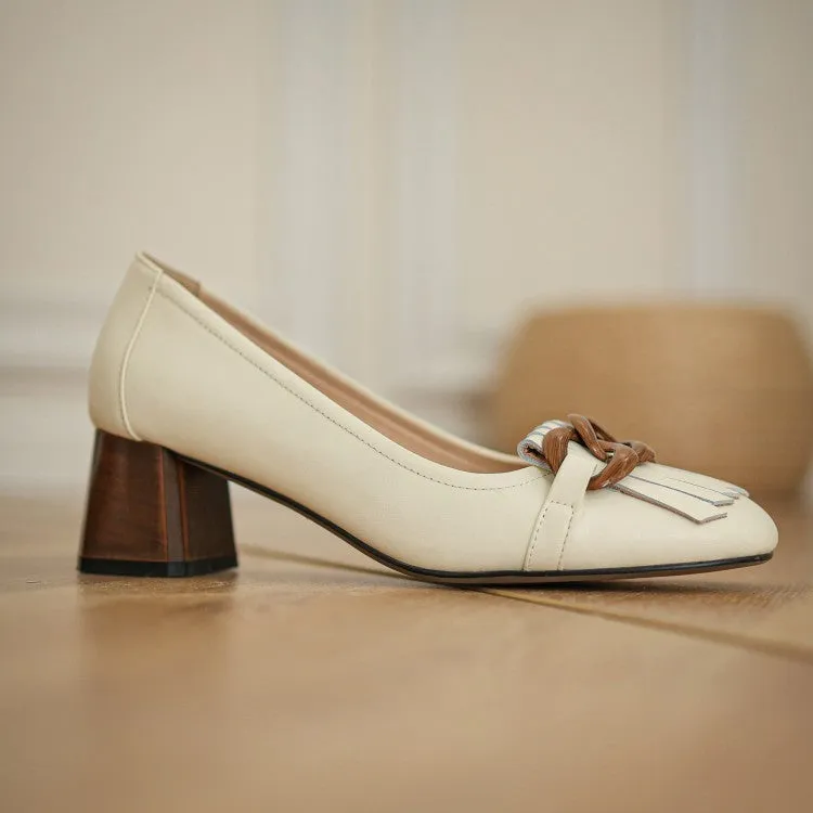 Ladies Round Toe Tassel Detail Block Low Heel Loafers