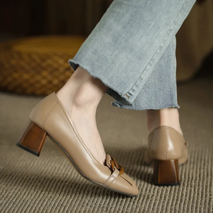 Ladies Round Toe Tassel Detail Block Low Heel Loafers