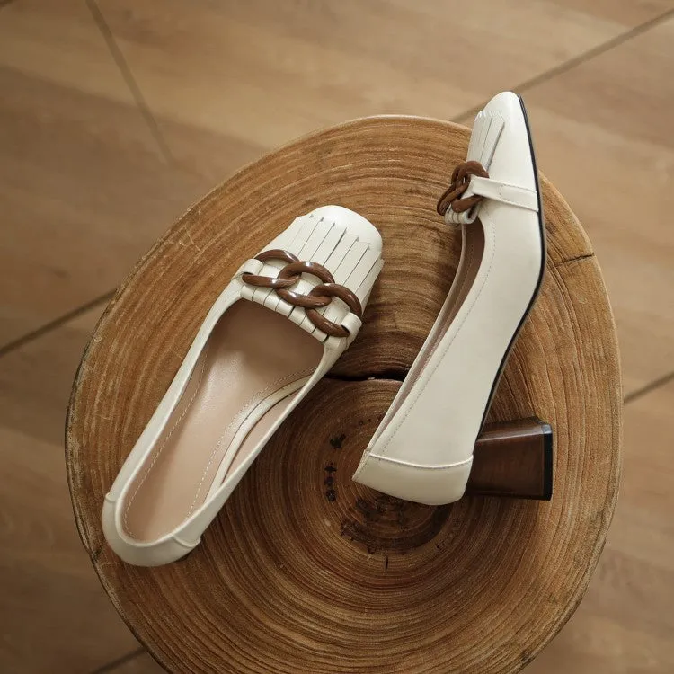 Ladies Round Toe Tassel Detail Block Low Heel Loafers