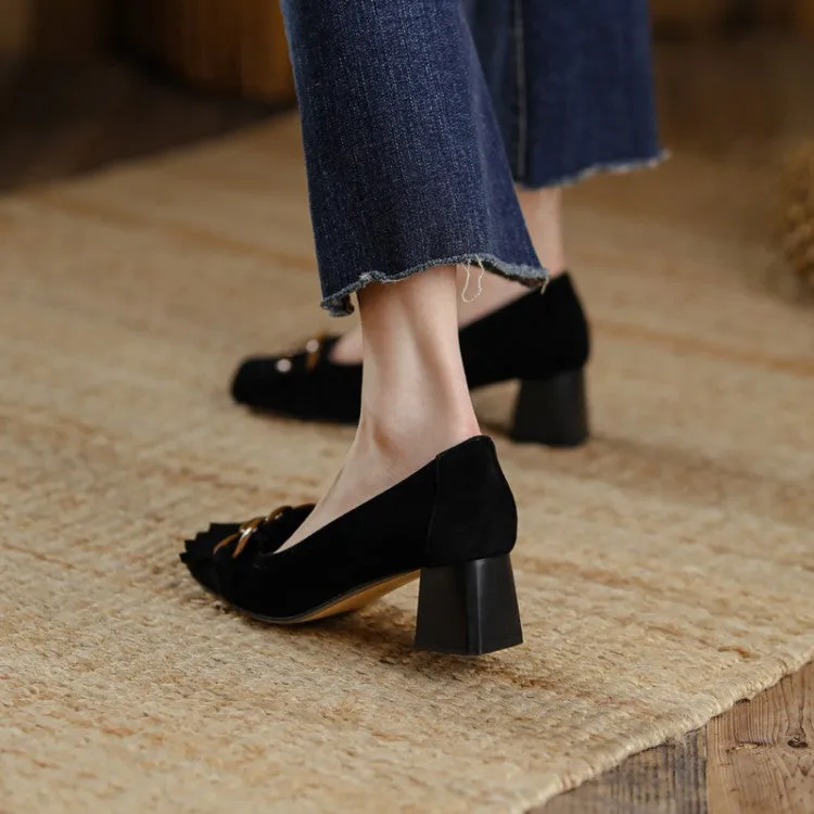 Ladies Round Toe Tassel Detail Block Low Heel Loafers