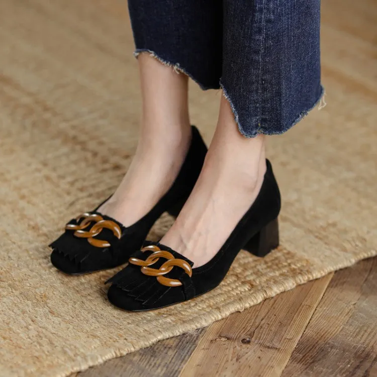 Ladies Round Toe Tassel Detail Block Low Heel Loafers