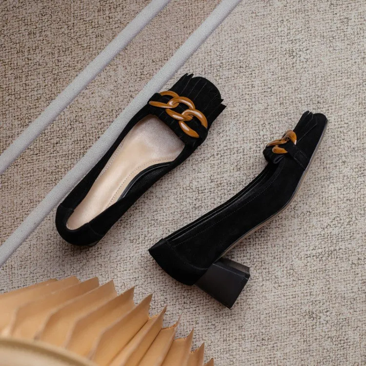 Ladies Round Toe Tassel Detail Block Low Heel Loafers