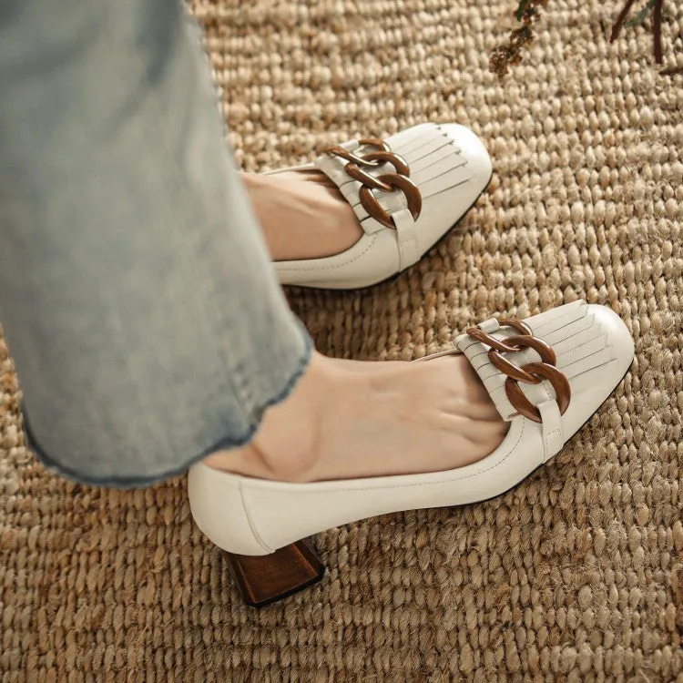 Ladies Round Toe Tassel Detail Block Low Heel Loafers