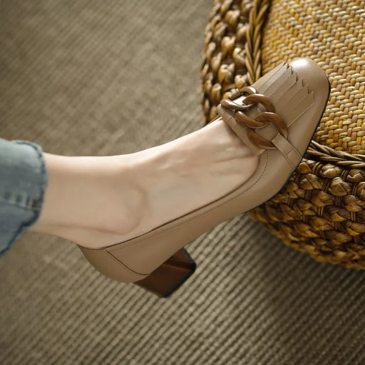 Ladies Round Toe Tassel Detail Block Low Heel Loafers
