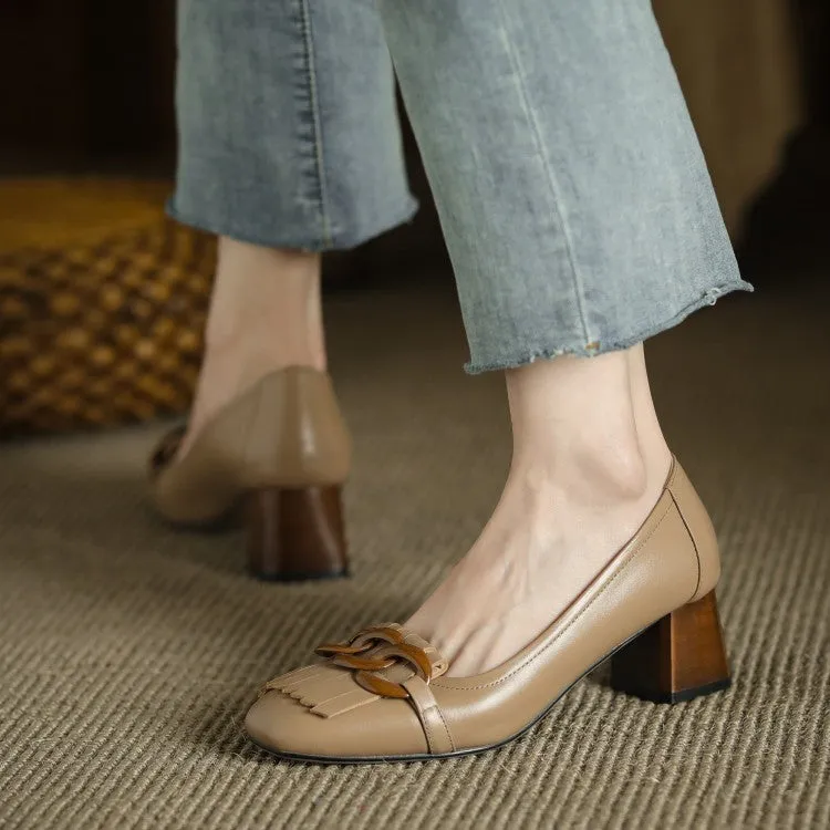 Ladies Round Toe Tassel Detail Block Low Heel Loafers
