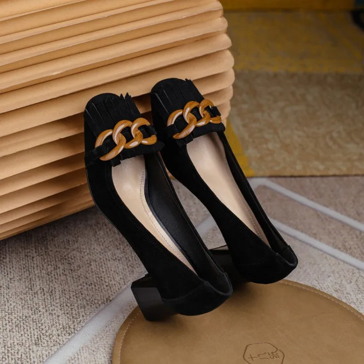 Ladies Round Toe Tassel Detail Block Low Heel Loafers