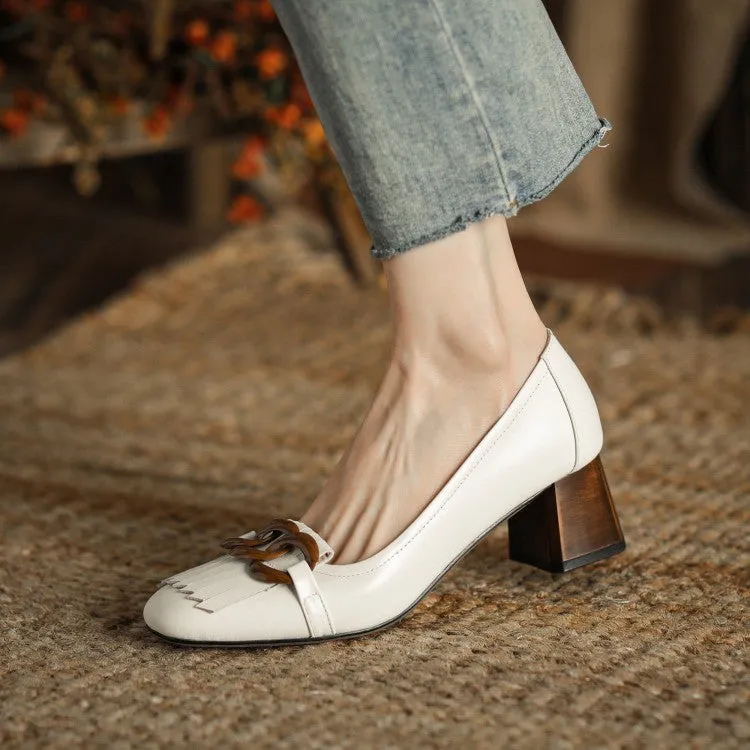Ladies Round Toe Tassel Detail Block Low Heel Loafers