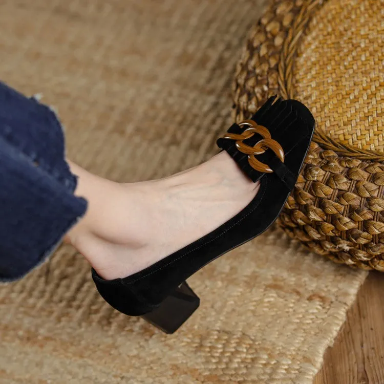 Ladies Round Toe Tassel Detail Block Low Heel Loafers