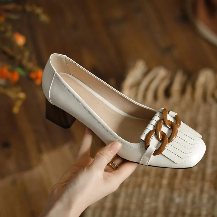Ladies Round Toe Tassel Detail Block Low Heel Loafers