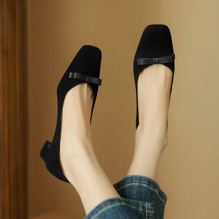Ladies Square Toe Bow Detail Block Low Heel Loafer Pumps