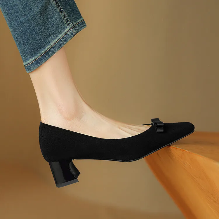 Ladies Square Toe Bow Detail Block Low Heel Loafer Pumps