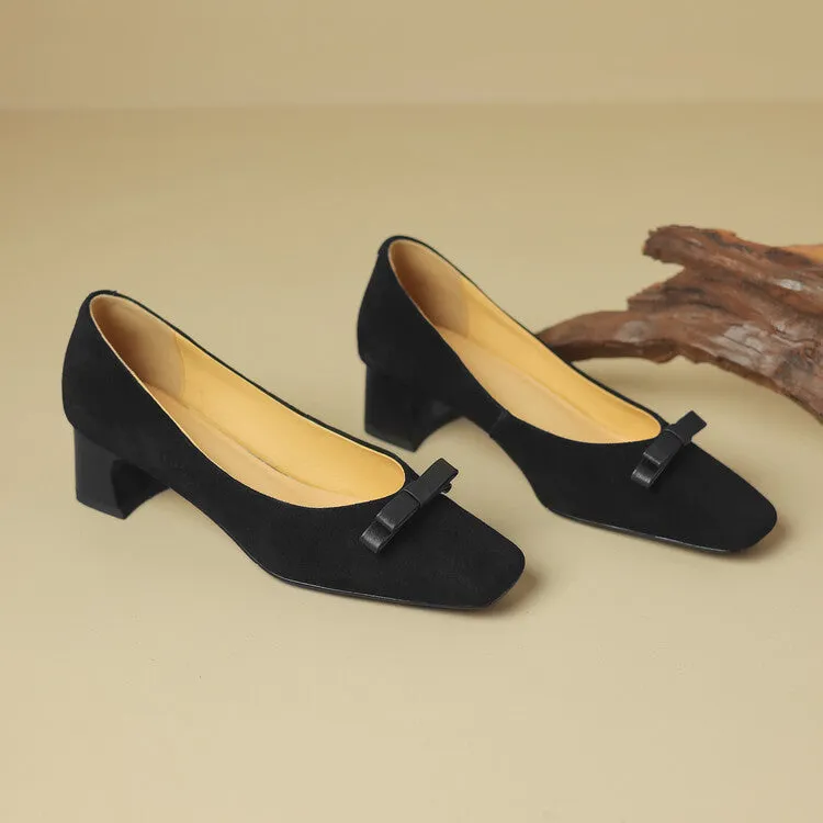 Ladies Square Toe Bow Detail Block Low Heel Loafer Pumps