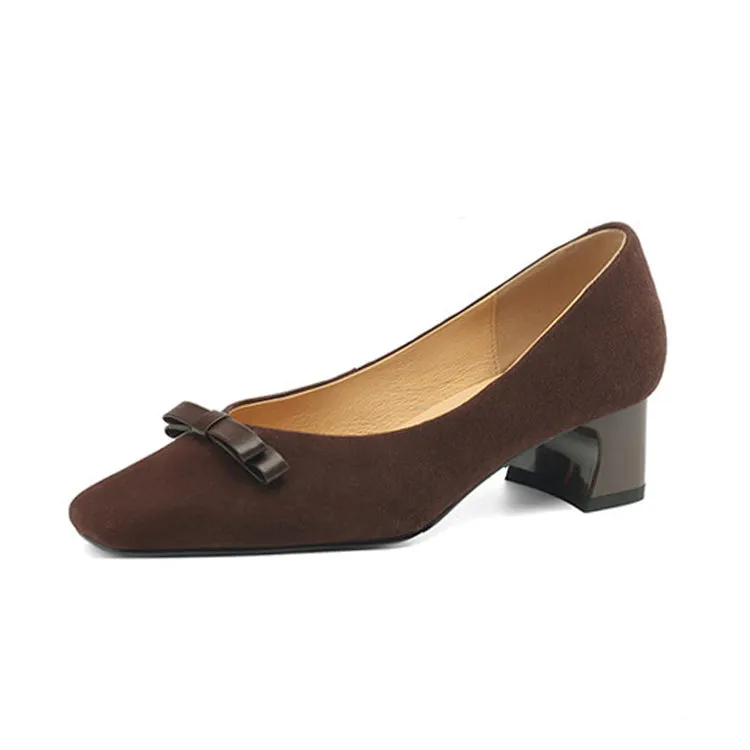 Ladies Square Toe Bow Detail Block Low Heel Loafer Pumps