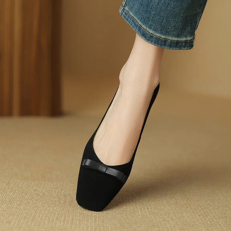 Ladies Square Toe Bow Detail Block Low Heel Loafer Pumps