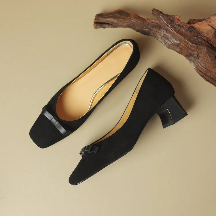 Ladies Square Toe Bow Detail Block Low Heel Loafer Pumps