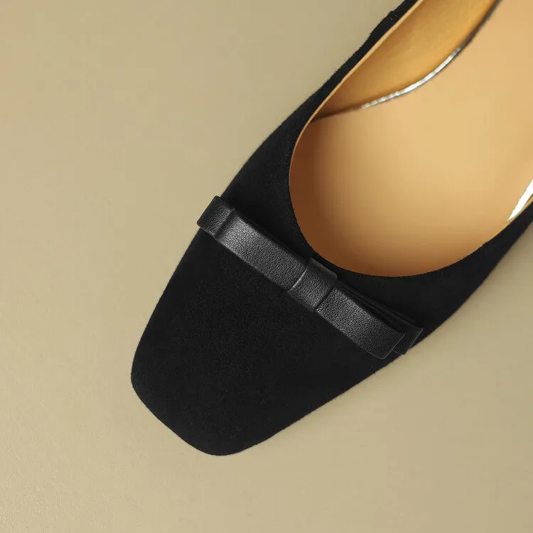 Ladies Square Toe Bow Detail Block Low Heel Loafer Pumps